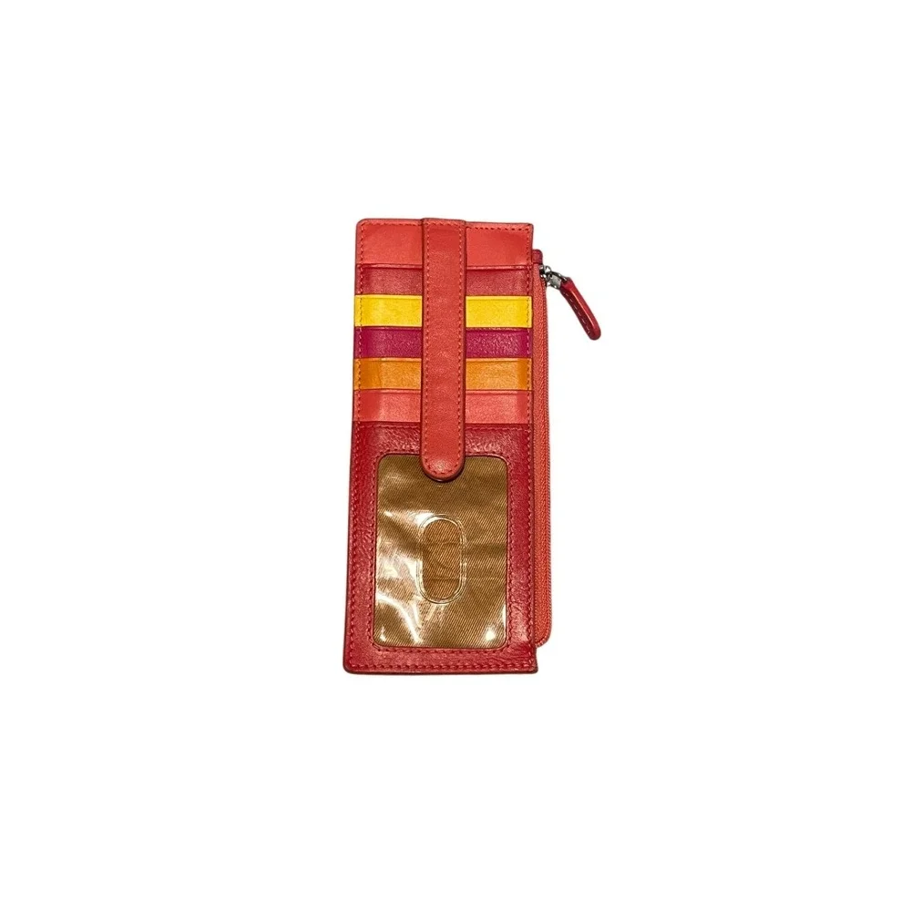 Ili New York Leather RFID Card Case Wallet Multi Color Striped Slim Zip Pouch
